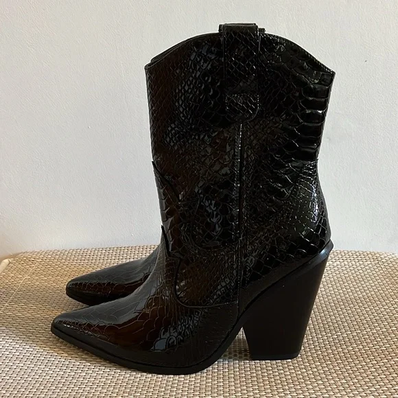 Snakeskin Patent Leather Cowgirl Western Biker Calf Height Cowboy Boots - 7.5/38 - Picture 3 of 12